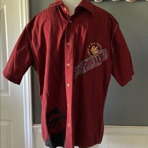 Vintage Sex Pistols Deep Red Button Down Shirt with Graphics and Embroidery.